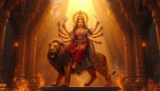 Divine Portrait of Goddess Durga in Golden Crown and Jewelry