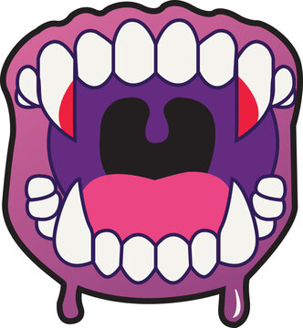 Vampire fangs mouth with blood drops halloween vector illustration for sticker