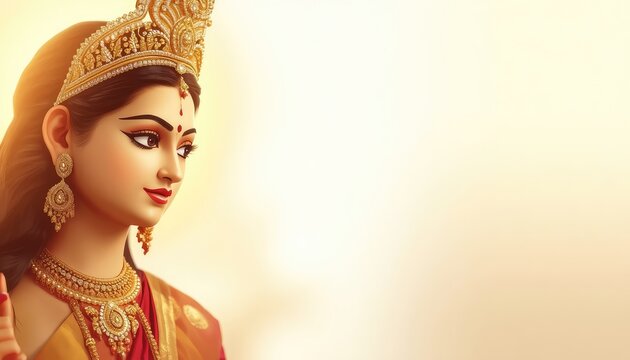 Divine Portrait of Goddess Durga in Golden Crown and Jewelry