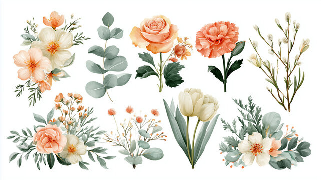 Set of watercolor floral elements featuring roses, tulips, carnations, and eucalyptus leaves isolated on a white background