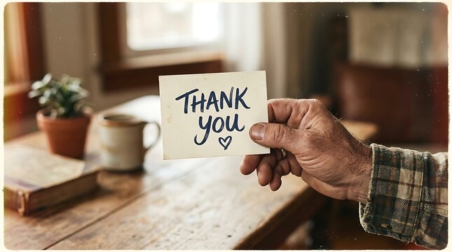 Elderly man holding simple thank you note with heart for heartfelt message.