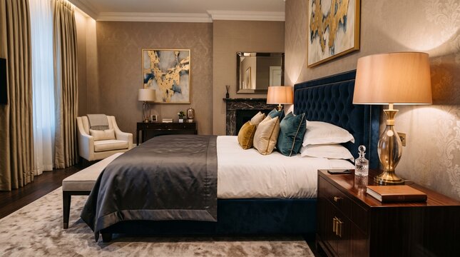 A sophisticated luxury hotel bedroom with warm bedside lighting refined interior headboard ornate wallpaper spacious luxury bedroom velvet with accommodation