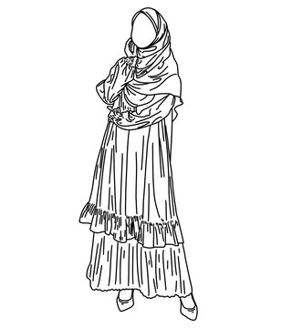 Continuous line art of elegant Muslim woman wearing hijab and abaya dress, Muslimah hijab fashion line art illustration, faceless woman in modesty long dress