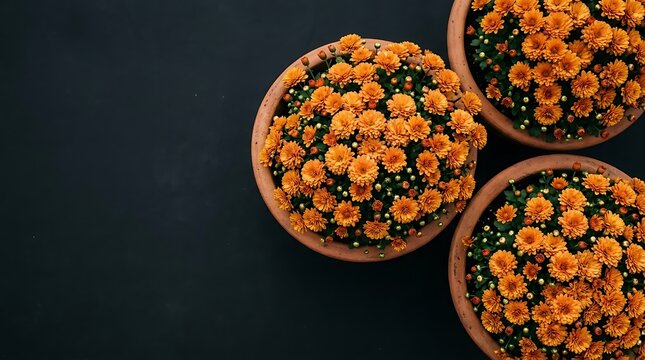 Overhead view of orange mums in pots with dark background.