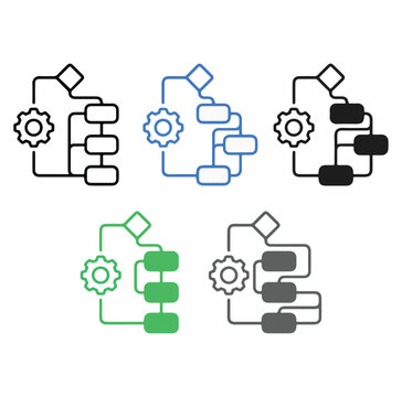 Workflow automation flowchart icons set with gear mechanism in outline blue green black styles vector
