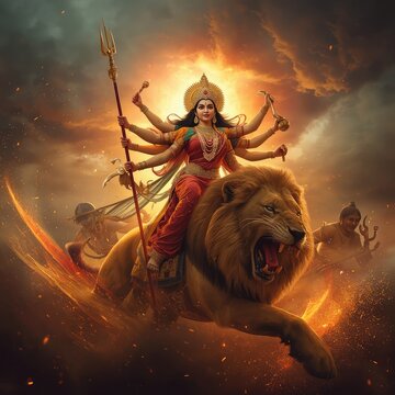 Divine Portrait of Goddess Durga in Golden Crown and Jewelry