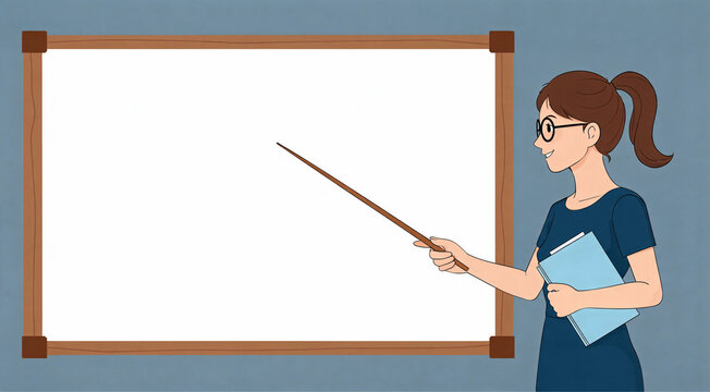 Teacher in classroom pointing at blank board with a stick while holding a book
