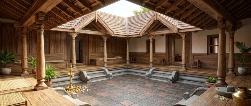 Kerala nalukettu courtyard floor view of open central interior architecture