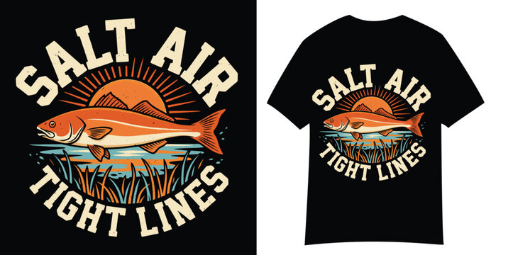 Vintage fishing t-shirt design with redfish and sunset. Salt Air Tight Lines nautical vector illustration. Retro coastal angling graphic.