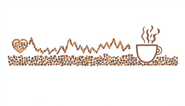 Abstract illustration of lifeline heart beat made of coffee beans connected to caffeine cup drink