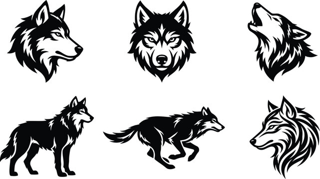 A vintage style collection featuring detailed wolf head portraits and full body illustrations created in a classic black and white engraving technique