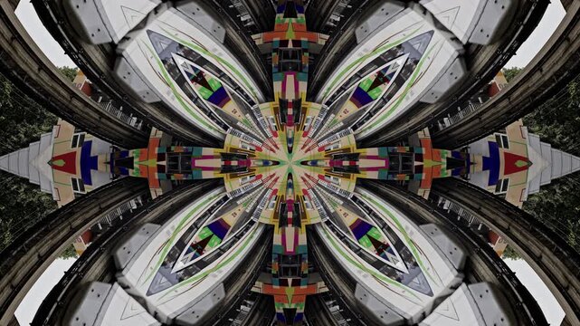 train enters liziba station inside a building in Chongqing with code and data made into symmetrical pattern 