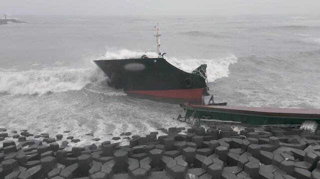 Aerial View Of Stranded Shipwreck In Violent Stormy Seas