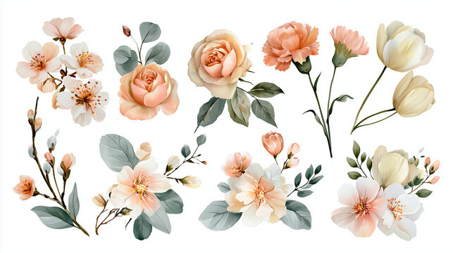 Set of elegant watercolor peach and cream floral illustrations with roses, tulips, and cherry blossoms isolated on a white background