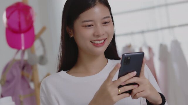 Smiling young Asian woman using smartphone to interact with followers during beauty live stream or social media management.