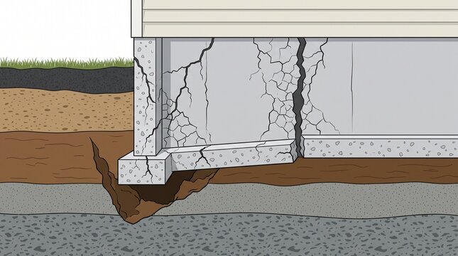 A flat vector technical cross-section diagram showing a damaged residential concrete foundation with settling structural cracks, shifting soil layers, and ground movement.