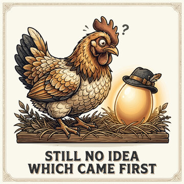 Still No Idea Which Came First Confused Chicken Staring At Dapper Egg Vector Design
