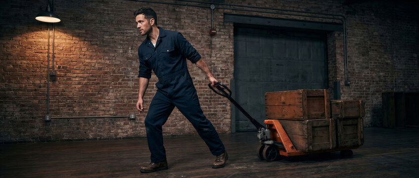 Man pulling a hand pallet truck with wooden crates in a warehouse  