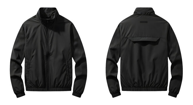 Front and back view of a black casual windbreaker jacket