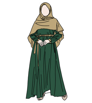 Minimalist Muslim Woman Illustration in Modern Green Abaya Gamis and Beige Hijab, Faceless Muslim Woman Vector Wearing Elegant Green Long Dress and Hijab, Modern Hijab Fashion Illustration, Muslimah 