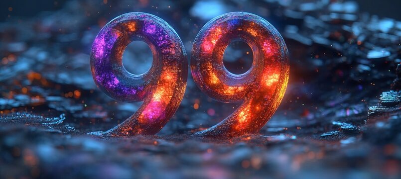 Glowing 3D Number 99 with Energetic Neon Light Effects on Abstract Futuristic Digital Background