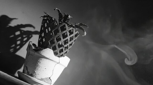Black and white still life composition of broken ceramic pot with plant and drifting smoke, representing decay
