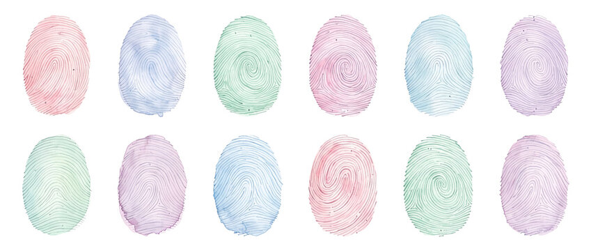 Colorful fingerprint icon watercolor set isolated on black background for biometric security identity design creative pastel thumbprint collection symbol vector illustration art background elements