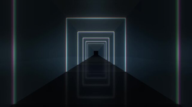 Infinite tunnel of glowing white diamond frames receding into darkness with subtle rainbow prism edges. Seamless forward motion through symmetrical neon geometry for futuristic themes.