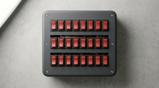 A close up top view of a custom gray fuse box featuring rows of red rocker switches on a textured concrete surface, displaying exposed internal wiring, underscoring the switch panel
