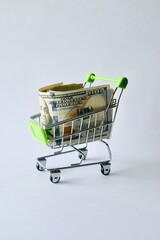 Miniature shopping cart filled with folded US hundred-dollar bills on a clean white background with copy space. © Akram