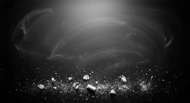 Flat lay view of a dark textured blackboard background with scattered white chalk shavings and fine grit