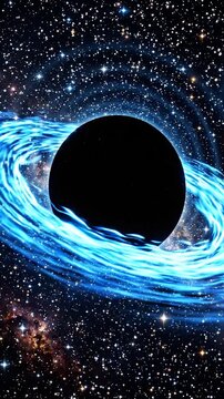 Glowing blue accretion disk surrounding a black hole in deep