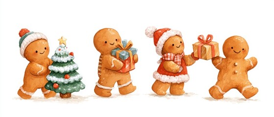 Fototapeta premium Cute watercolor illustration of Gingerbread people celebrating around a tiny frosted candy tree and exchanging gifts, four different poses in a horizontal row, character sheet, isolated on a white