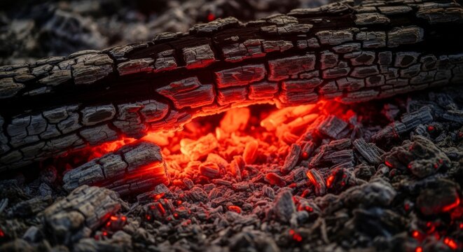 Dark atmospheric scene of burnt wood and glowing red embers with charred black textures