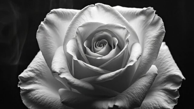 Black and white close-up of a white rose with smoke and a dark background with slow camera zoom