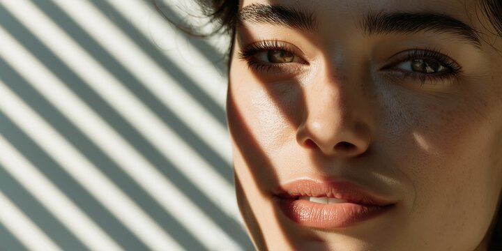 Close up portrait of beautiful young woman with glowing skin and piercing eyes illuminated by natural artistic shadows created by window blinds during warm golden hour