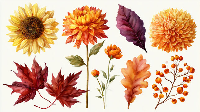 Set of fall season botanical elements featuring sunflowers, chrysanthemums, maple leaves, oak leaves, and autumn berries on white background