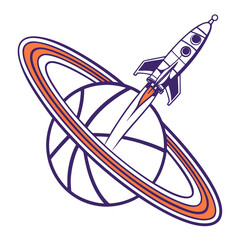 Space rocket flying around a planet with rings in space ringed planet rocket ship outer space © Tiya
