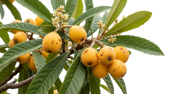 Fresh loquat fruits growing on branch with green leaves