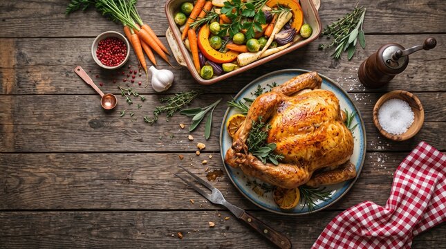 Roasted whole chicken on a plate with herbs and citrus, on rustic wooden table. Nearby are carrots, garlic, peppercorns, salt, rosemary, knife, vegetables. Thanksgiving dinner table.