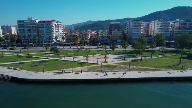 Beautiful sea atmosphere on a city bay in Vlora Albania during quiet summer morning