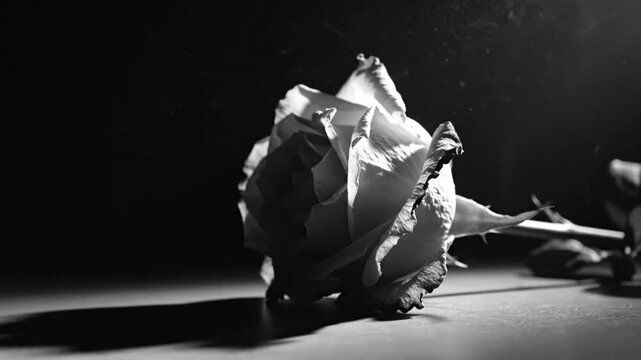 Black and white close-up of a dying rose with petals wilting on a dark surface in soft light