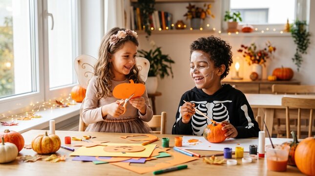 Two children in Halloween costume laugh while making pumpkin crafts at a table with paper cutouts, markers, glue, and small gourds; warm fairy lights and autumn decor