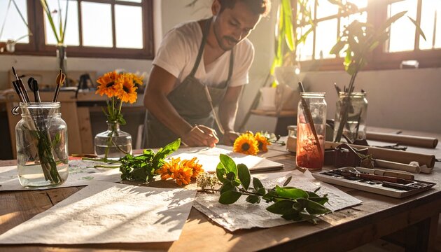 Floral designer working on a flower arrangement in a sunlit rustic studio workshop with sunlit workspace