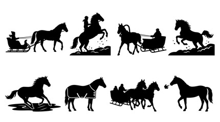 Fototapeta premium Set of horse silhouettes featuring galloping, rearing, and sleigh pulling action, dynamic animal poses, elegant black shapes for vector design
