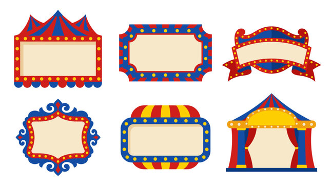 Set of circus themed frames and vintage show signs with marquee lights, carnival border styles, festival signage for event invitations and posters