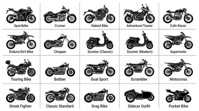 Motorcycle Icon Set | Sportbike Cruiser Scooter and Adventure Bike Outline Vector Collection