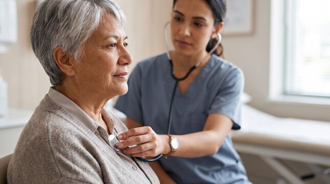 Elderly woman sitting in profile while a nurse in scrubs uses a stethoscope on her chest during a medical exam in a clinic room with window light