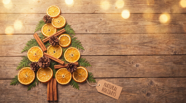 Creative Christmas tree made of dried oranges, cinnamon, and pine cones on wood.