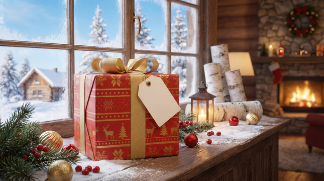 A gorgeous red Christmas gift box featuring a gold ribbon sits on a snowy cabin windowsill.